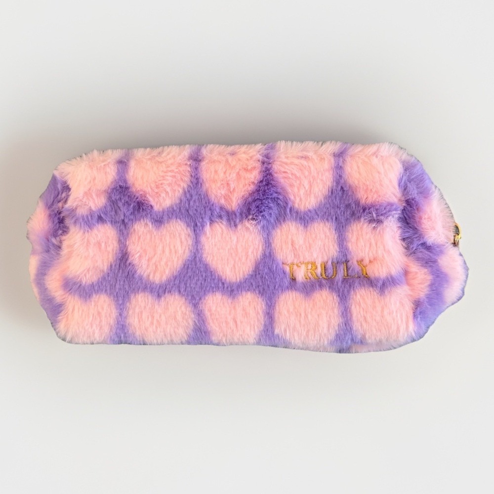 Truly Beauty Makeup Bag Fuzzy Heart Cosmetics Pouch Pink Purple Travel Small NEW